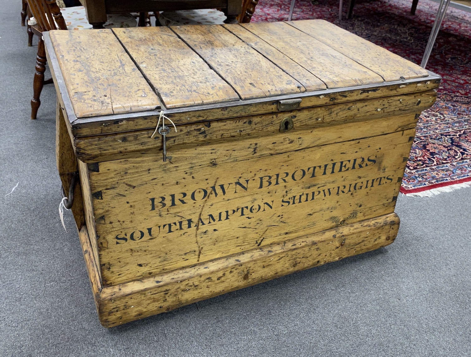 A Victorian iron bound shipwright's carpenter's chest marked Brown Brothers of Southampton, Shipwrights, length 95cm, depth 61cm, height 61cm